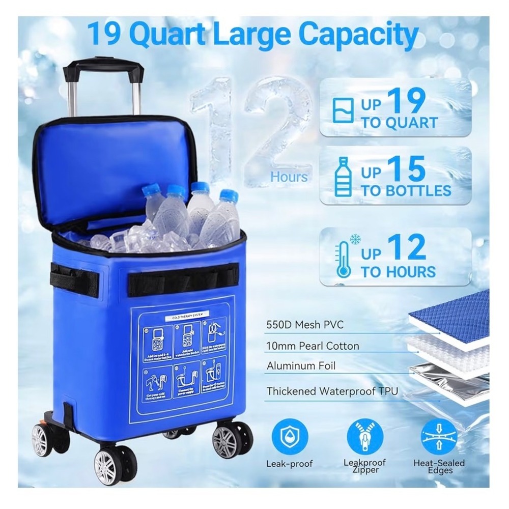 Wheeled Cold Therapy Machine 19 Quart Ice Water Circulation System Universal Pad - Picture 3 of 14